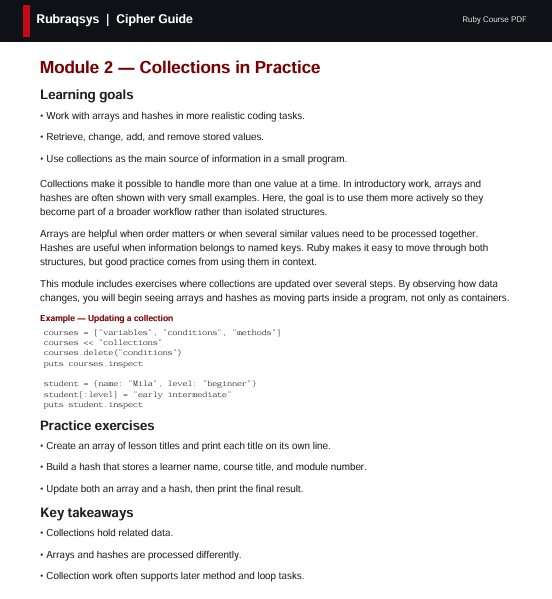 A digital preview page of a Ruby course guide titled 'Rubayros & Cipher Guide' showing 'Module 2 - Collections in Practice' with text content, code examples, and practice exercises.