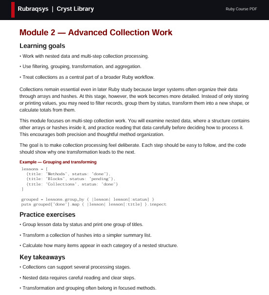 A digital document page titled 'Module 2 — Advanced Collection Work' from RubyCave PDF, featuring a white background with red and black text, outlining learning goals and practice exercises for Ruby collection processing.