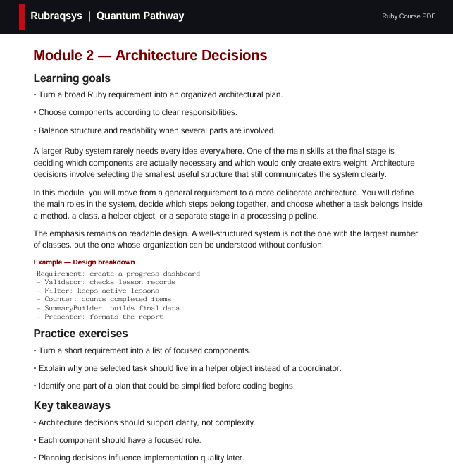 A digital document page titled 'Rubqagryqs | Quantum Pathway' and 'Module 2 Architecture Decisions', featuring a bulleted list of learning goals, a practical exercise, and key takeaways on a white background with black text.