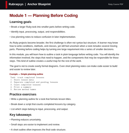 A digital document page titled 'Rubraguts | Anchor Blueprint' and 'Ruby Course PDF' showing educational content about 'Module 1 Planning Before Coding' with headings, bullet points, and a practice exercise on a white background with black text.