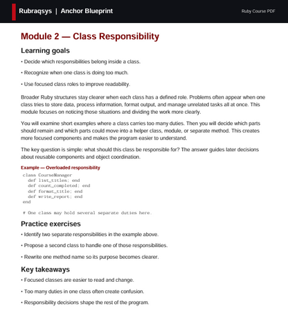 A digital document page titled 'Rubraquys | Anchor Blueprint' and 'Ruby Course PDF' showing 'Module 2: Class Responsibility' with learning goals, practice exercises, and key takeaways in black and red text on a white background.
