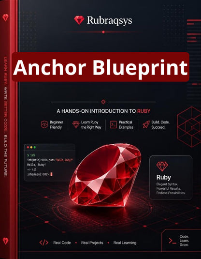 Front cover of a Ruby programming book titled "Anchor Blueprint" by Rubraqsys, featuring a large red gem graphic on a dark background with red and white text.