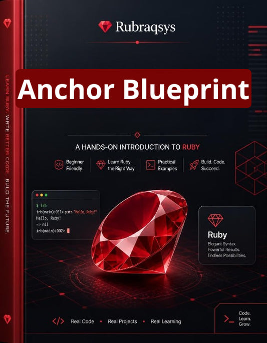 Front cover of a Ruby programming book titled "Anchor Blueprint" by Rubraqsys, featuring a large red gem graphic on a dark background with red and white text.