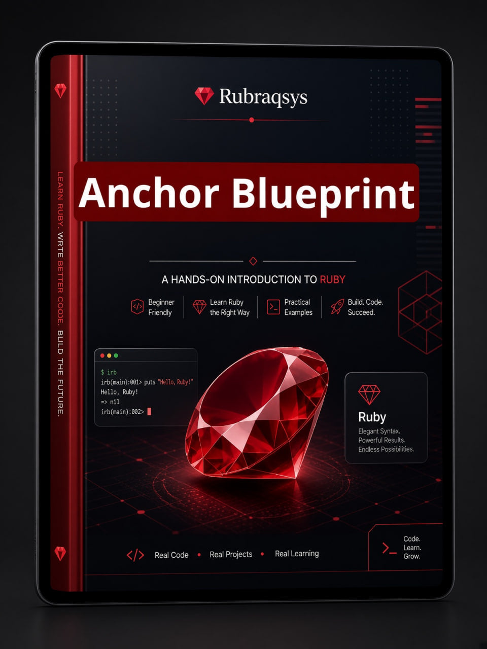 A digital cover for 'Anchor Blueprint' by Rubraqsys, displayed on a tablet screen. The cover features a dark theme with a large red gemstone graphic and red accents.