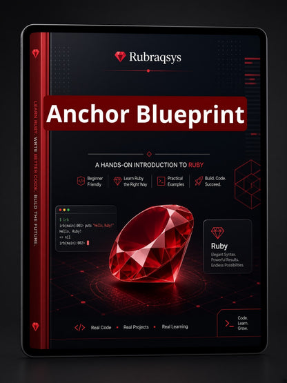 A digital cover for 'Anchor Blueprint' by Rubraqsys, displayed on a tablet screen. The cover features a dark theme with a large red gemstone graphic and red accents.