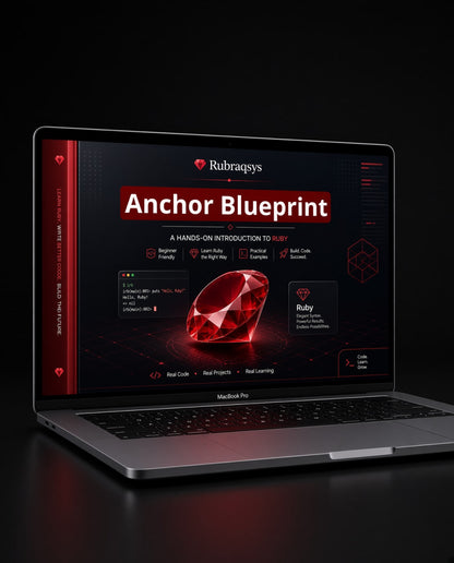 A silver MacBook Pro laptop on a dark reflective surface, displaying a promotional graphic for a Ruby programming course called 'Anchor Blueprint' by Rubraqsys.