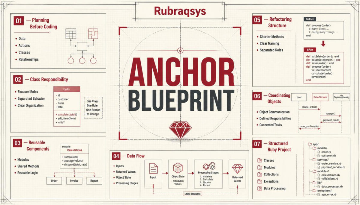 A structured infographic poster titled 'Rubraqsys' and 'ANCHOR BLUEPRINT' with multiple labeled sections, diagrams, and boxes on a light beige background. The design uses red, black, and gray text and line art, with a central diamond icon.