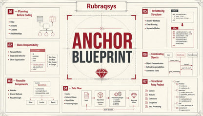 A structured infographic poster titled 'Rubraqsys' and 'ANCHOR BLUEPRINT' with multiple labeled sections, diagrams, and boxes on a light beige background. The design uses red, black, and gray text and line art, with a central diamond icon.