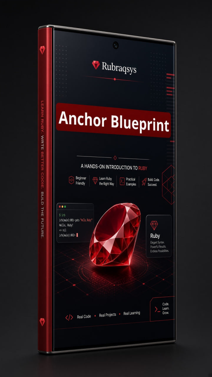 A digital course or guide titled 'Anchor Blueprint' by Rubraqsys, displayed on a smartphone mockup. The design features a dark theme with a large red gemstone graphic and red accents.