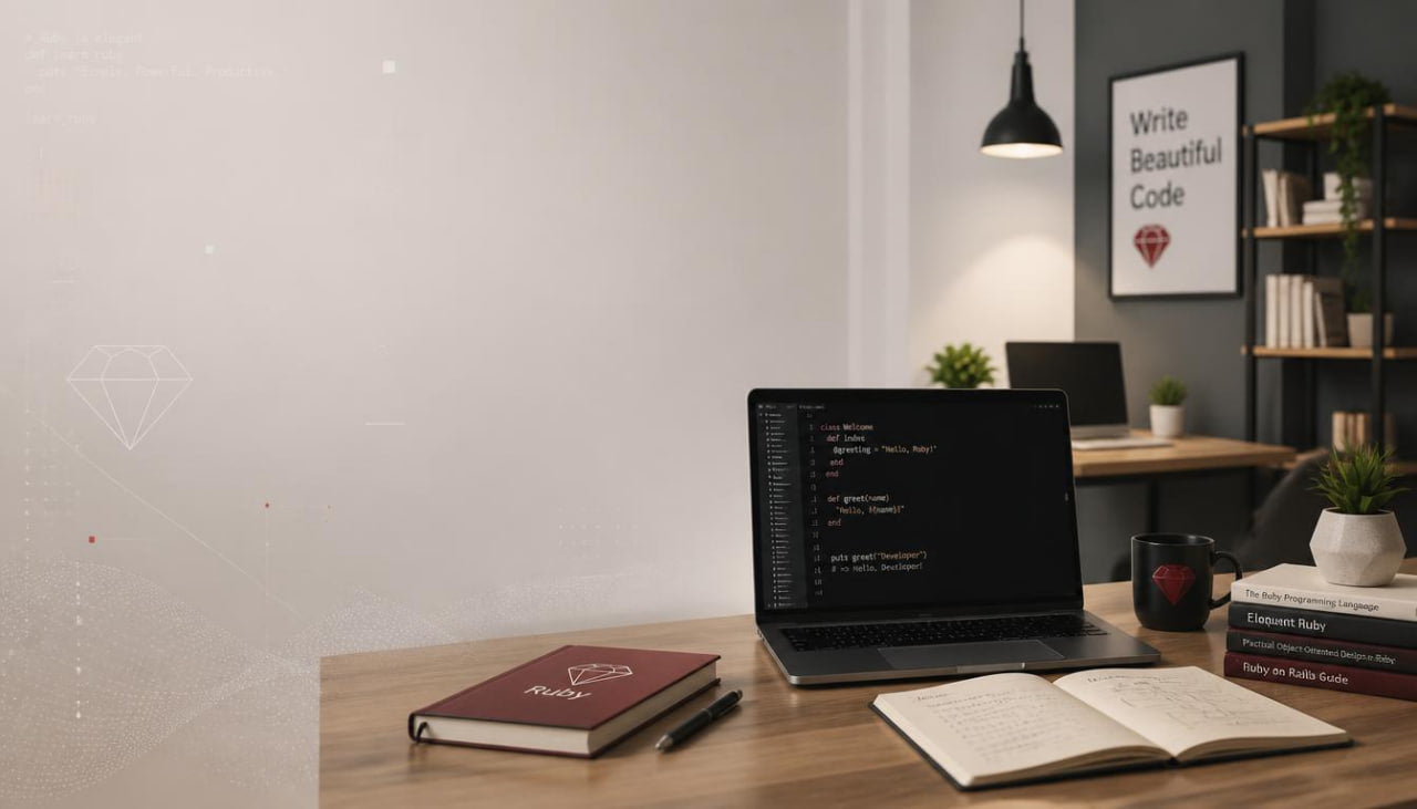 A styled desk setup in a modern home office featuring a laptop with a dark code editor, an open notebook, a maroon hardcover notebook, and books, set against a warm, softly lit background with a framed 'Write Beautiful Code' sign.