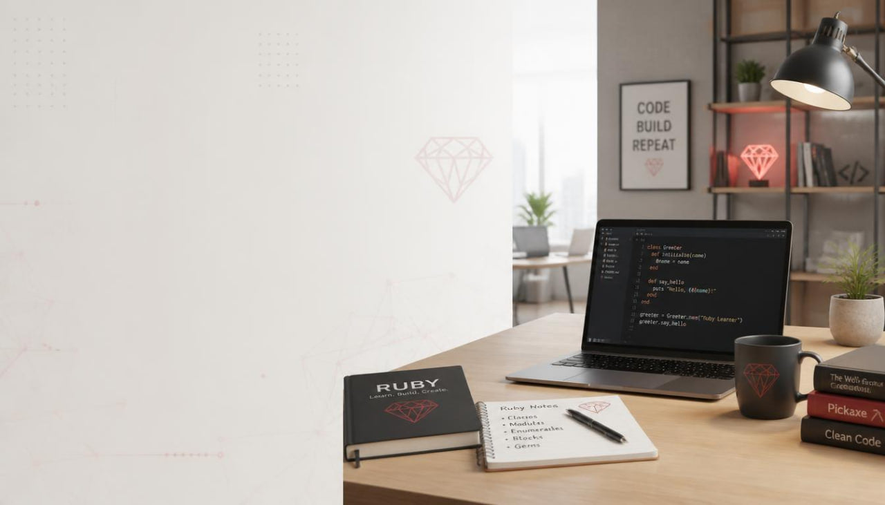 A styled desk setup in a modern office or home workspace, featuring a black book with a red diamond logo and the word 'RUBY' on the cover, alongside an open laptop, notebook, pen, and mug. The background includes a framed 'CODE BUILD REPEAT' sign and shelving.