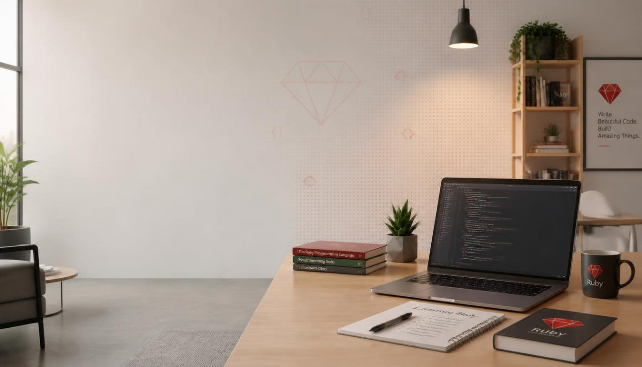 A modern workspace setup in a bright room, featuring a wooden desk with an open laptop, notebooks, a mug, and books. The background wall has a subtle grid pattern and faint diamond graphics, with a wooden shelving unit holding plants and books on the right.