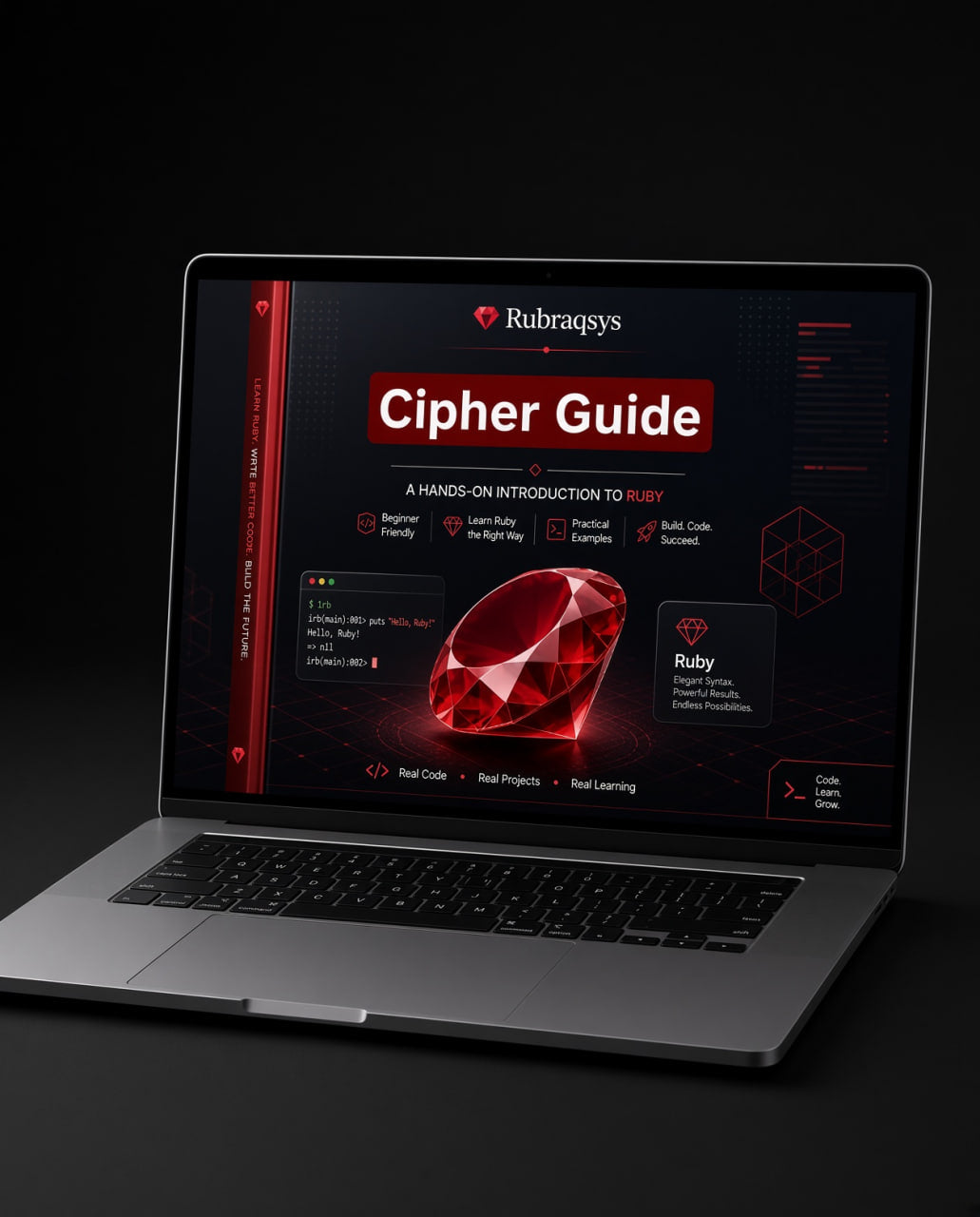 A silver laptop on a dark surface displaying a digital guide titled 'Cipher Guide' with a large red gem graphic and the Rubraqsys logo on the screen.