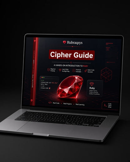A silver laptop on a dark surface displaying a digital guide titled 'Cipher Guide' with a large red gem graphic and the Rubraqsys logo on the screen.
