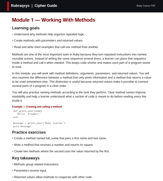 A digital preview page of a Ruby course guide titled 'Rubyrugbras & Cipher Guide: Module 1 - Working With Methods', featuring black text on a white page with a light blue header.