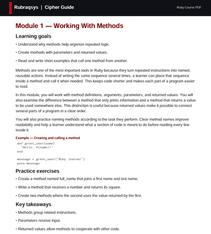 A digital preview page of a Ruby course guide titled 'Rubyrugbras & Cipher Guide: Module 1 - Working With Methods', featuring black text on a white page with a light blue header.