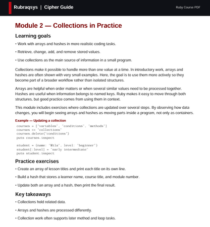 A digital preview page of a Ruby course guide titled 'Rubayros & Cipher Guide' showing 'Module 2 - Collections in Practice' with text content, code examples, and practice exercises.
