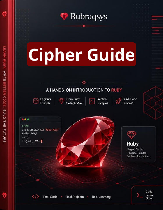 Front cover of a book titled "Cipher Guide" by Rubraqsys, featuring a dark red and black design with a large faceted red gem illustration and Ruby-themed text and icons.