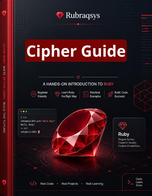 Front cover of a book titled "Cipher Guide" by Rubraqsys, featuring a dark red and black design with a large faceted red gem illustration and Ruby-themed text and icons.