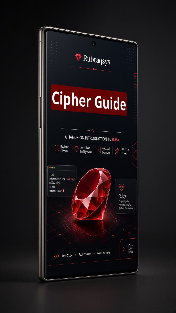A smartphone mockup displaying a digital guide titled 'Cipher Guide' with a large red gem graphic and the Rubraqus branding on a dark background.