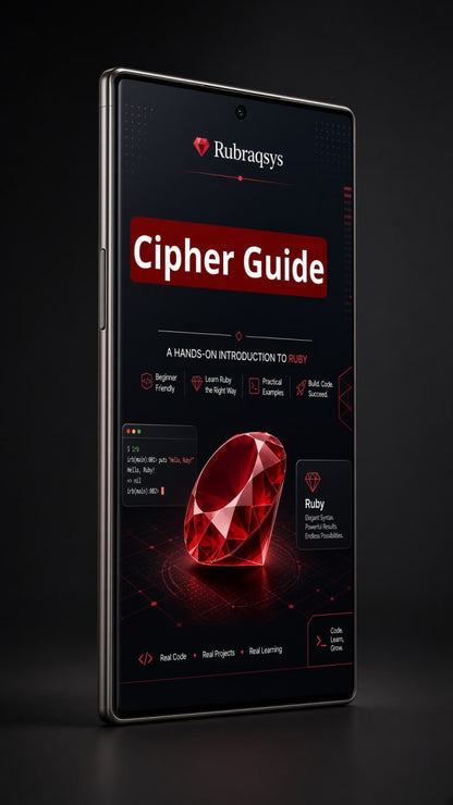 A smartphone mockup displaying a digital guide titled 'Cipher Guide' with a large red gem graphic and the Rubraqus branding on a dark background.