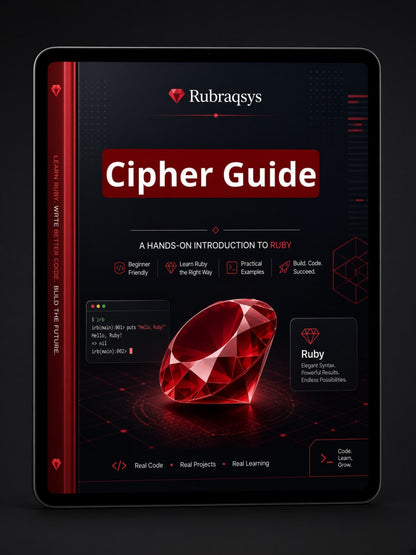 A digital guide titled 'Cipher Guide' displayed on a tablet screen, featuring a dark theme with red accents and a large red gem graphic. The Rubraqsys logo is visible at the top.