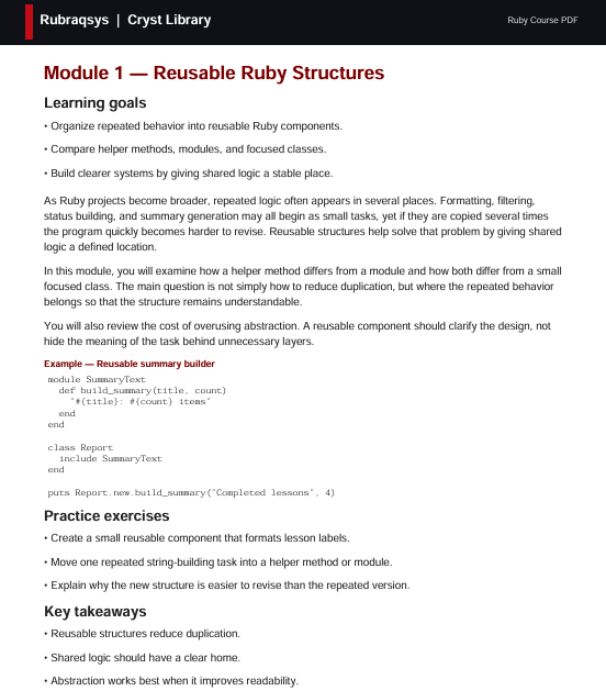 A digital document page titled 'Module 01 - Reusable Ruby Structures' from 'Rubyrasbs' / 'Cryst Library', displaying learning goals, code examples, and practice exercises in black text on a white background.