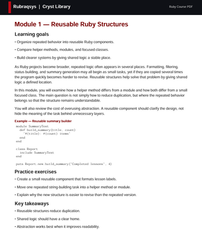 A digital document page titled 'Module 01 - Reusable Ruby Structures' from 'Rubyrasbs' / 'Cryst Library', displaying learning goals, code examples, and practice exercises in black text on a white background.
