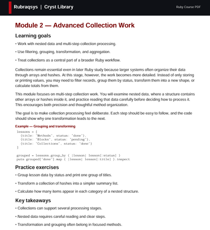 A digital document page titled 'Module 2 — Advanced Collection Work' from RubyCave PDF, featuring a white background with red and black text, outlining learning goals and practice exercises for Ruby collection processing.