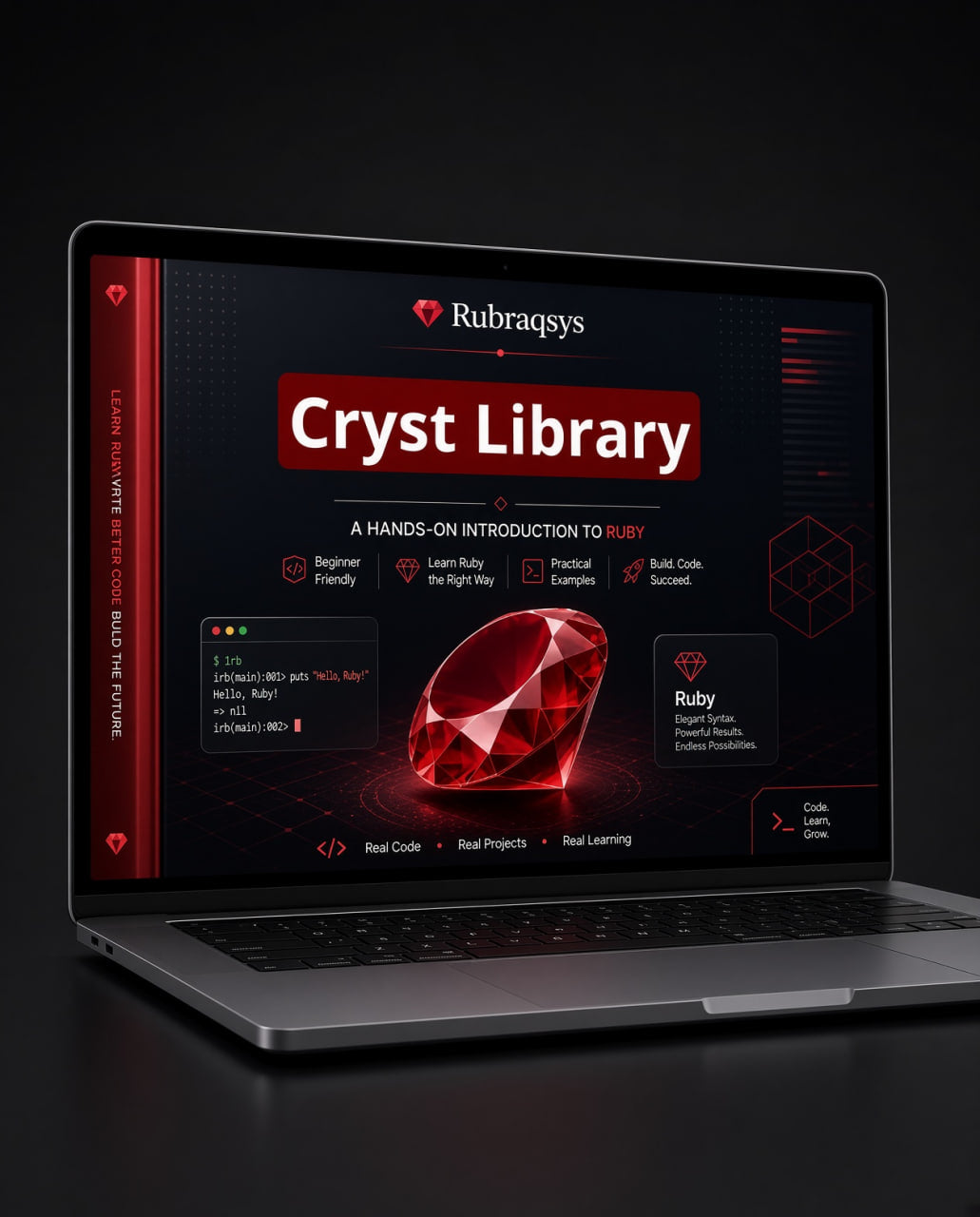 An open silver laptop on a dark surface displaying a Ruby programming course or library interface titled 'Cryst Library' with a large red gem graphic and the Rubraqsys logo.