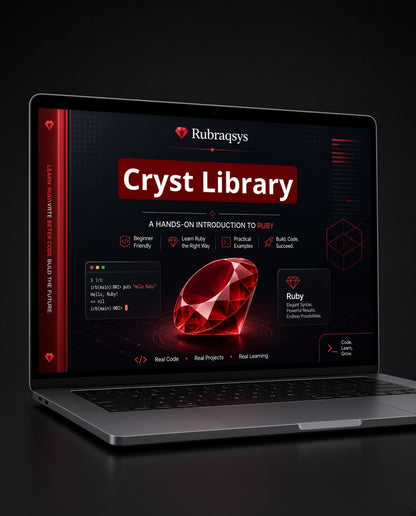 An open silver laptop on a dark surface displaying a Ruby programming course or library interface titled 'Cryst Library' with a large red gem graphic and the Rubraqsys logo.