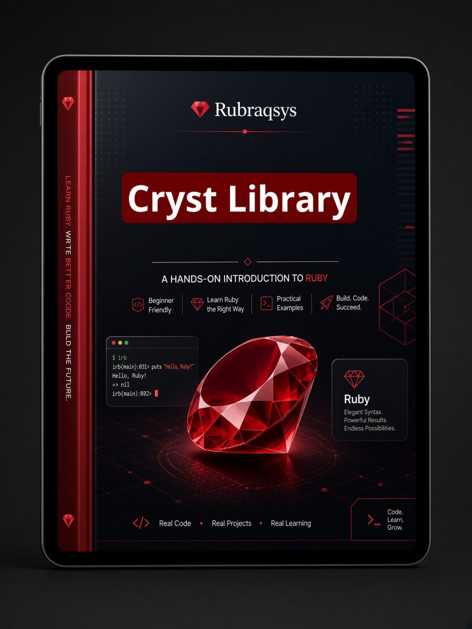 A digital course cover for 'Cryst Library' by Rubraqsys, displayed on a black tablet screen. The cover features a large, glossy red gemstone on a dark background with red and white text.