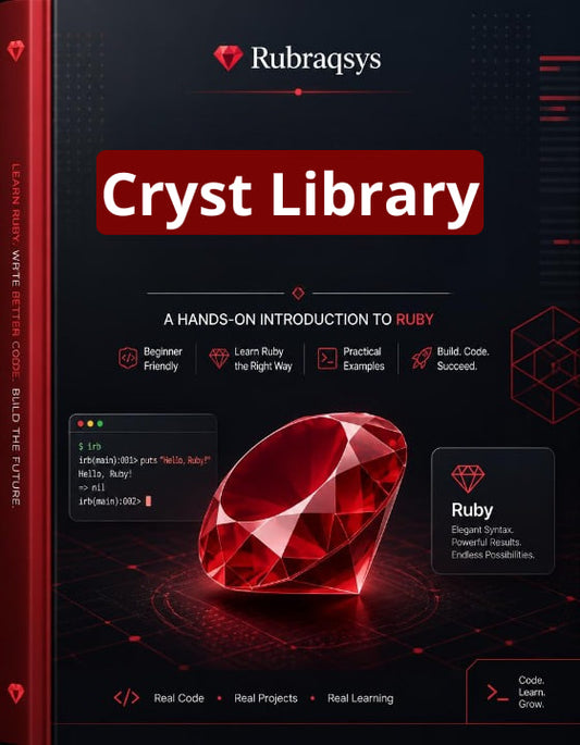 Front cover of a Ruby programming book titled "Cryst Library" by Rubraqsys, featuring a large red gemstone graphic on a dark red and black background with feature callouts.