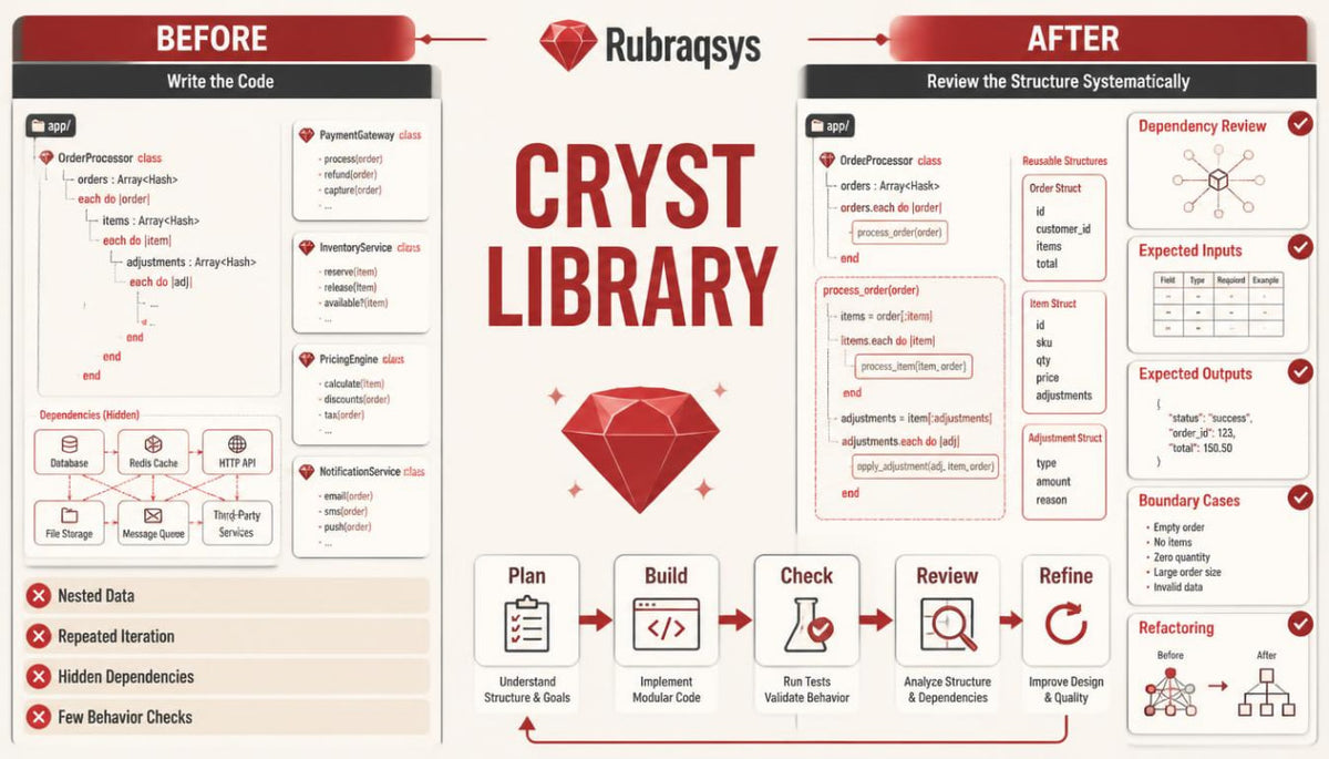 An infographic titled 'CRYST LIBRARY' by Rubragsys, comparing 'BEFORE' and 'AFTER' code review workflows with diagrams, checkmarks, and icons on a light beige background.