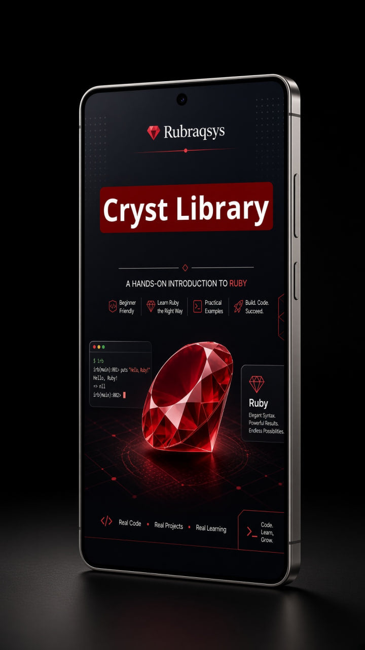 A smartphone displaying a digital course or app interface titled 'Cryst Library' with a large red gemstone graphic and the Rubaqys logo, shown on a dark reflective studio background.