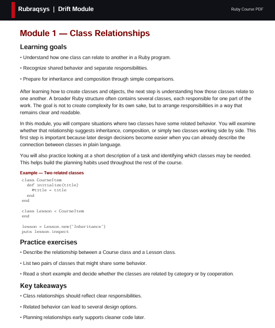 A digital preview page of a Ruby programming course module titled 'Rubyrays by Drift Module', showing 'Module 1 - Class Relationships' with learning goals, code examples, and practice exercises.