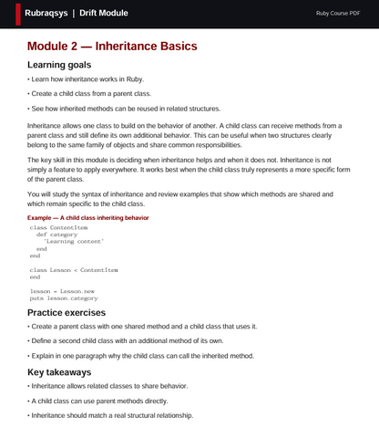 A digital document page titled 'Rubyzapurs | Drift Module' showing 'Module 2 - Inheritance Basics' with text sections on learning goals, practice exercises, and key takeaways, plus a Ruby code example.