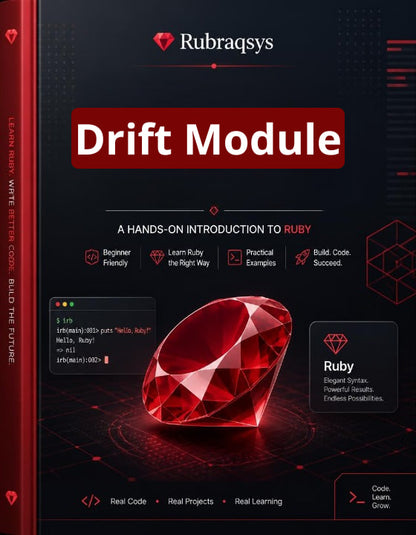Front cover of a Ruby programming book titled "Drift Module" by Rubraqsys, with a dark red and black design, a large faceted red gem graphic, and feature callouts for beginner-friendly, practical, and build-code-success learning.