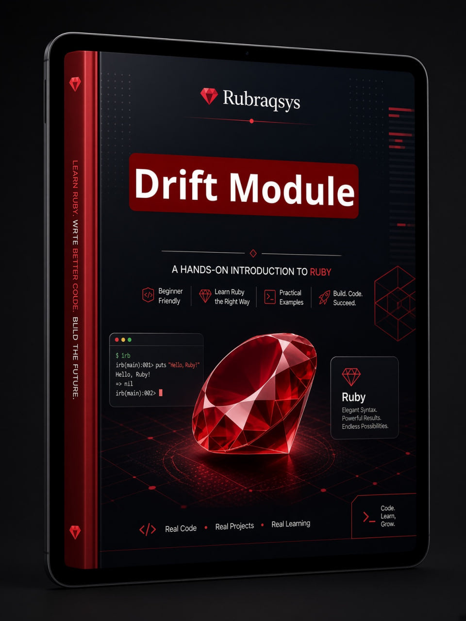 A digital course or module cover for 'Drift Module' by Rubraqsys, displayed on a tablet screen. The cover features a dark theme with red accents, a large red gem graphic, and text detailing an introduction to Ruby.