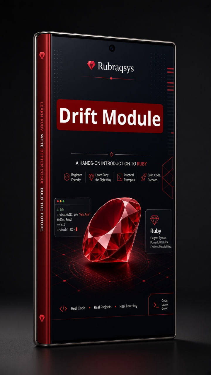 A smartphone mockup displaying a dark-themed educational app or course interface titled 'Drift Module' by Rubraqsys, with a large red gem graphic and red side accents, shown on a dark background.