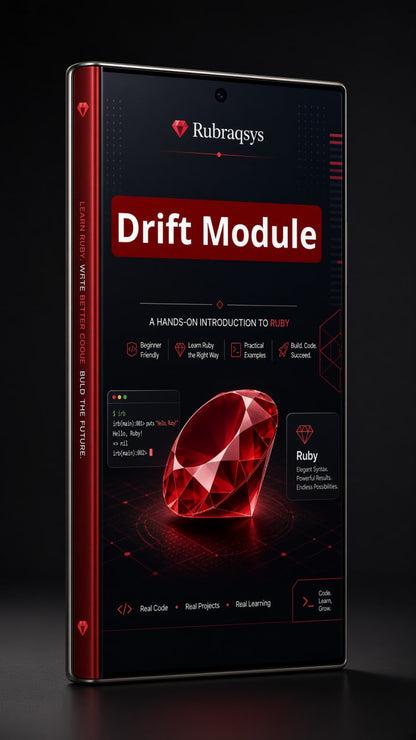 A smartphone mockup displaying a dark-themed educational app or course interface titled 'Drift Module' by Rubraqsys, with a large red gem graphic and red side accents, shown on a dark background.