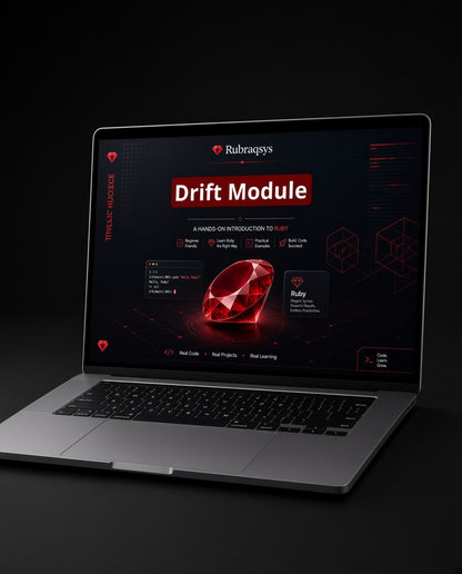 An open silver laptop on a dark surface displaying a software interface for Rubraeys' Drift Module, with a glowing red gem graphic on the screen.