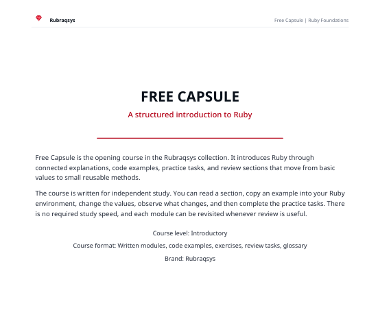 A digital course page for 'Free Capsule' by Rubraqays, introducing Ruby. The page features a clean white background with black and red text, outlining the course structure and format.