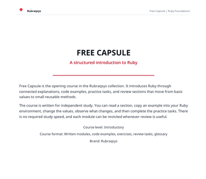 A digital course page for 'Free Capsule' by Rubraqays, introducing Ruby. The page features a clean white background with black and red text, outlining the course structure and format.