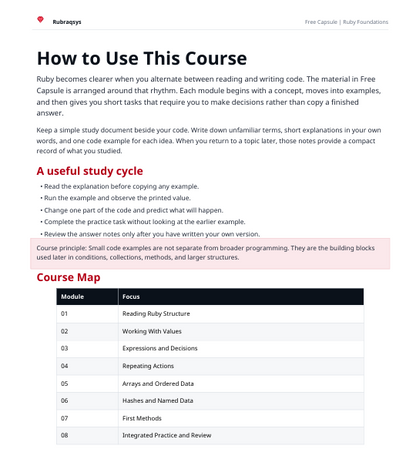 A digital document page titled 'How to Use This Course' from Rubaryapps, outlining a Ruby programming course. It features sections on 'How to Use This Course' with text instructions and a 'Course Map' table detailing modules 01 through 08 with their focuses.