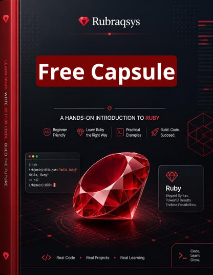 Front cover of a Ruby programming book titled 'Free Capsule' by Rubraqsys, featuring a large red gem graphic on a dark background with red and white text.