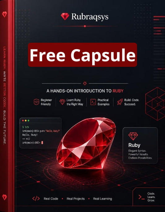 Front cover of a Ruby programming book titled 'Free Capsule' by Rubraqsys, featuring a large red gem graphic on a dark background with red and white text.