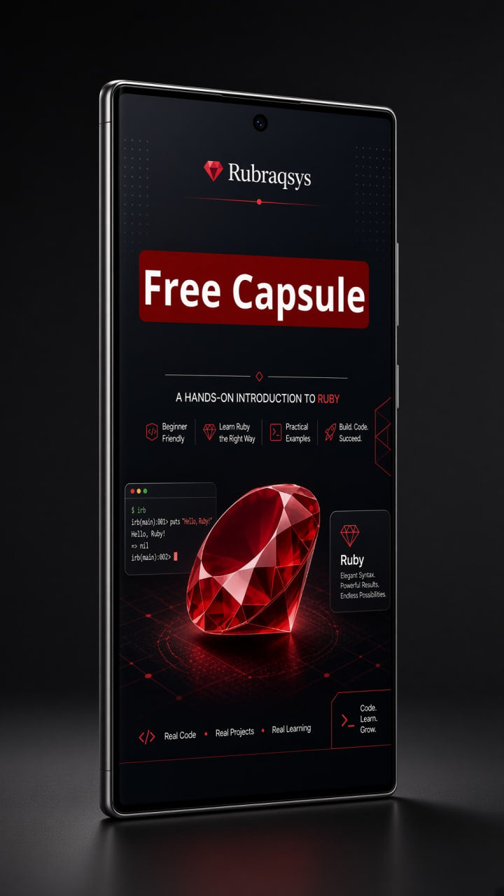 A tall smartphone shown upright on a dark surface against a black background, displaying a Rubraqys app or website interface with a large red 'Free Capsule' banner and a rendered red gemstone graphic.