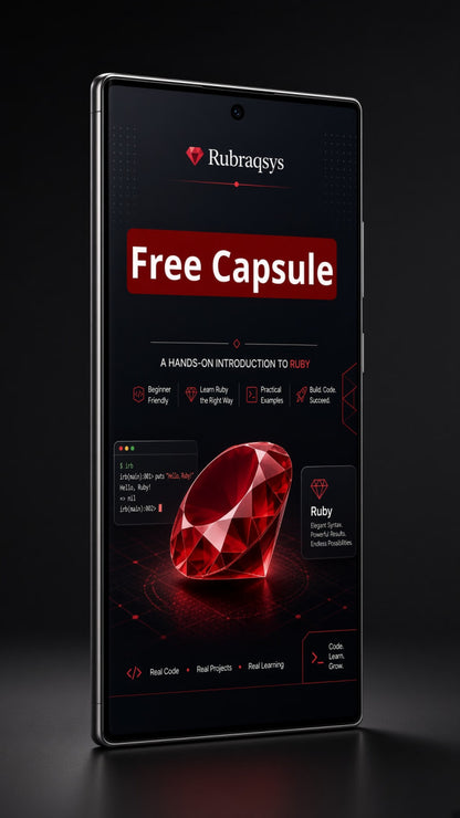 A tall smartphone shown upright on a dark surface against a black background, displaying a Rubraqys app or website interface with a large red 'Free Capsule' banner and a rendered red gemstone graphic.