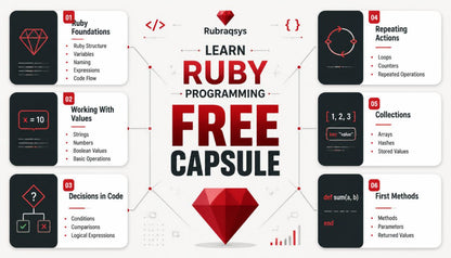 Promotional infographic for a Ruby programming course called 'Learn Ruby Programming Free Capsule' by Rubraqsys. The design features a central red and black title with a large red gem icon, surrounded by six white and dark gray informational panels detailing Ruby topics like structures, working with values, collections, and methods.